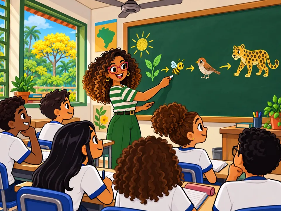 Ilustração: a professora explica uma cadeia alimentar no quadro para uma turma atenta