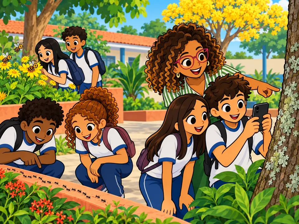 Ilustração: alunos observando plantas e insetos no pátio da escola com a professora